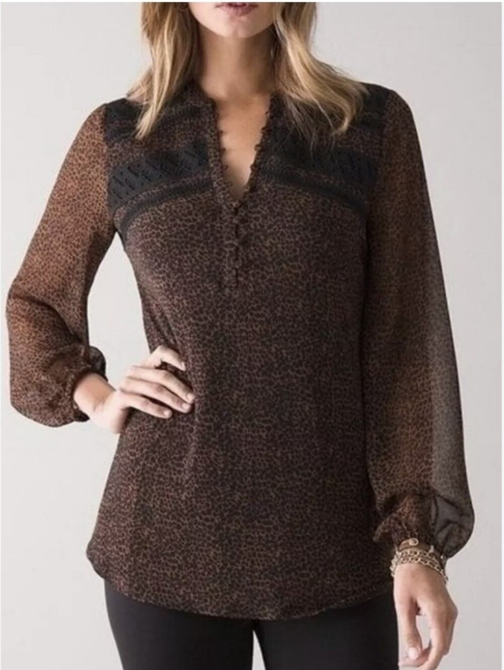 White House Black Market Women’s Cheetah Tunic Blouse Stretch Leopard Brown Sz S